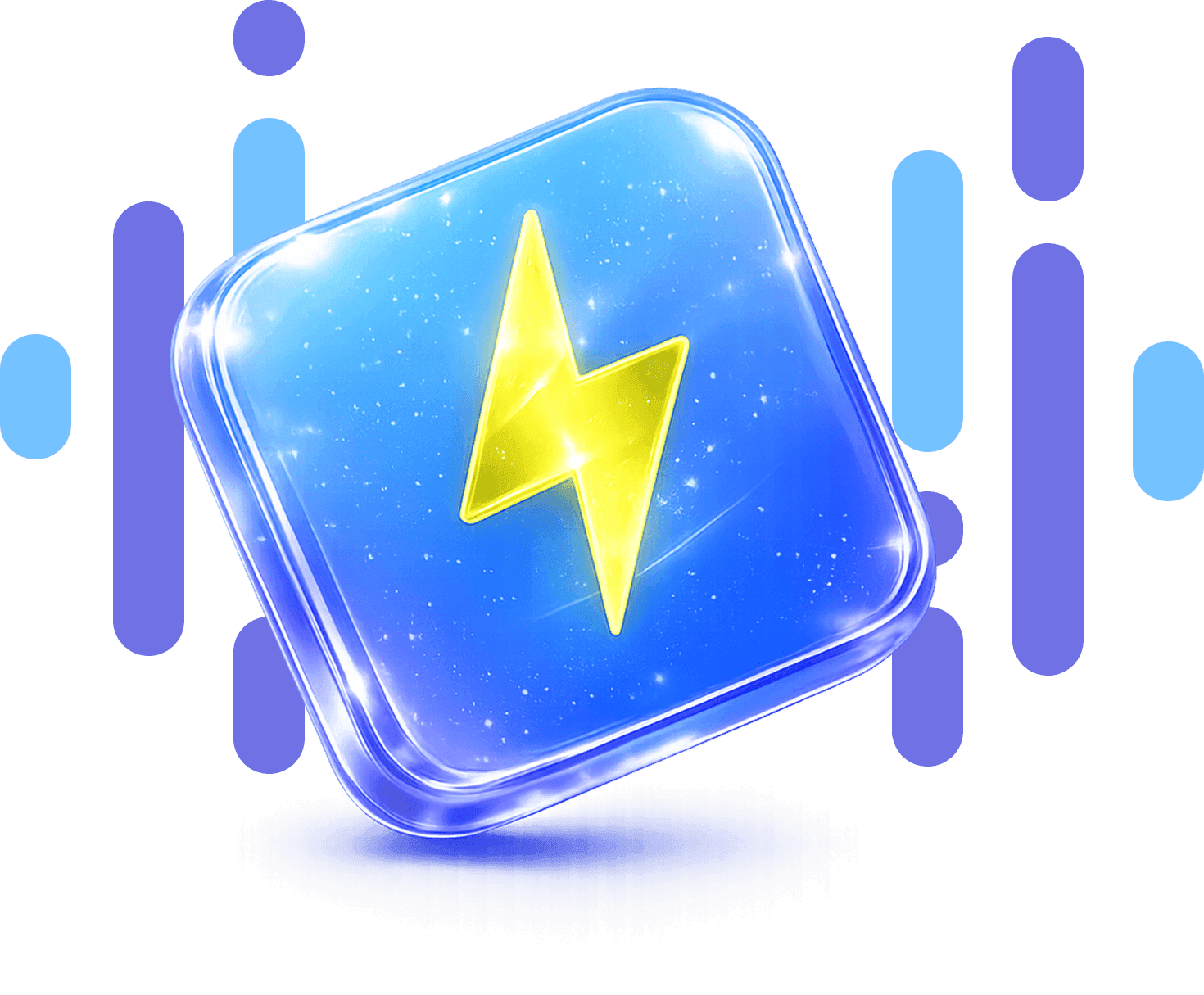 3D SaaS infrastructure illustration with a glowing lightning tile and colorful accent bars.
