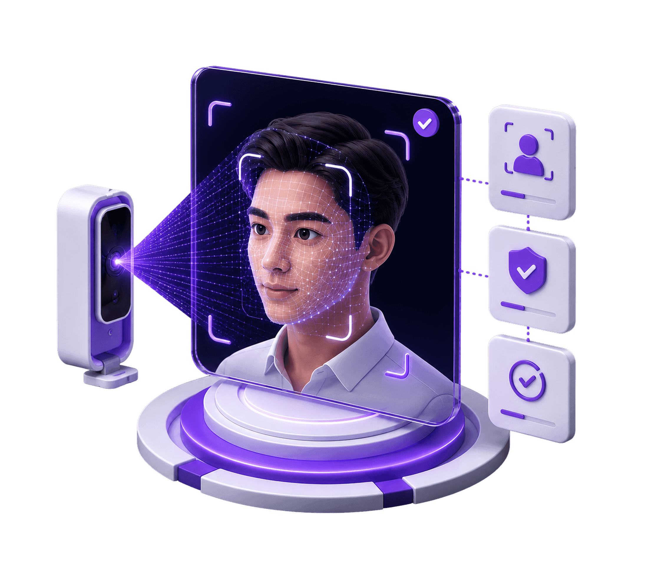 3D eKYC illustration showing biometric identity verification, facial recognition overlays, and AI assistant panels.